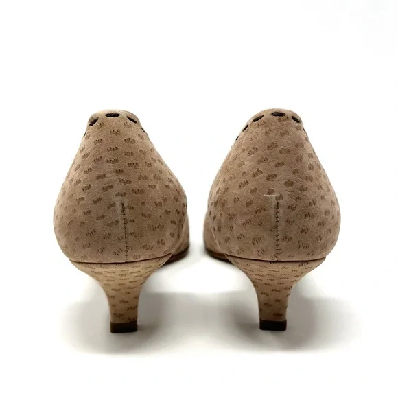 Vintage Prada 90s Y2K Ostrich Tan Brown Buckle Kitten Heels Pumps Shoes 37.5 7.5
